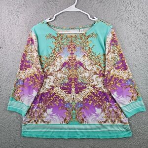 Susan Graver Women's L 3/4 Sleeve Baroque Print Rhinestone Top Turquoise Purple